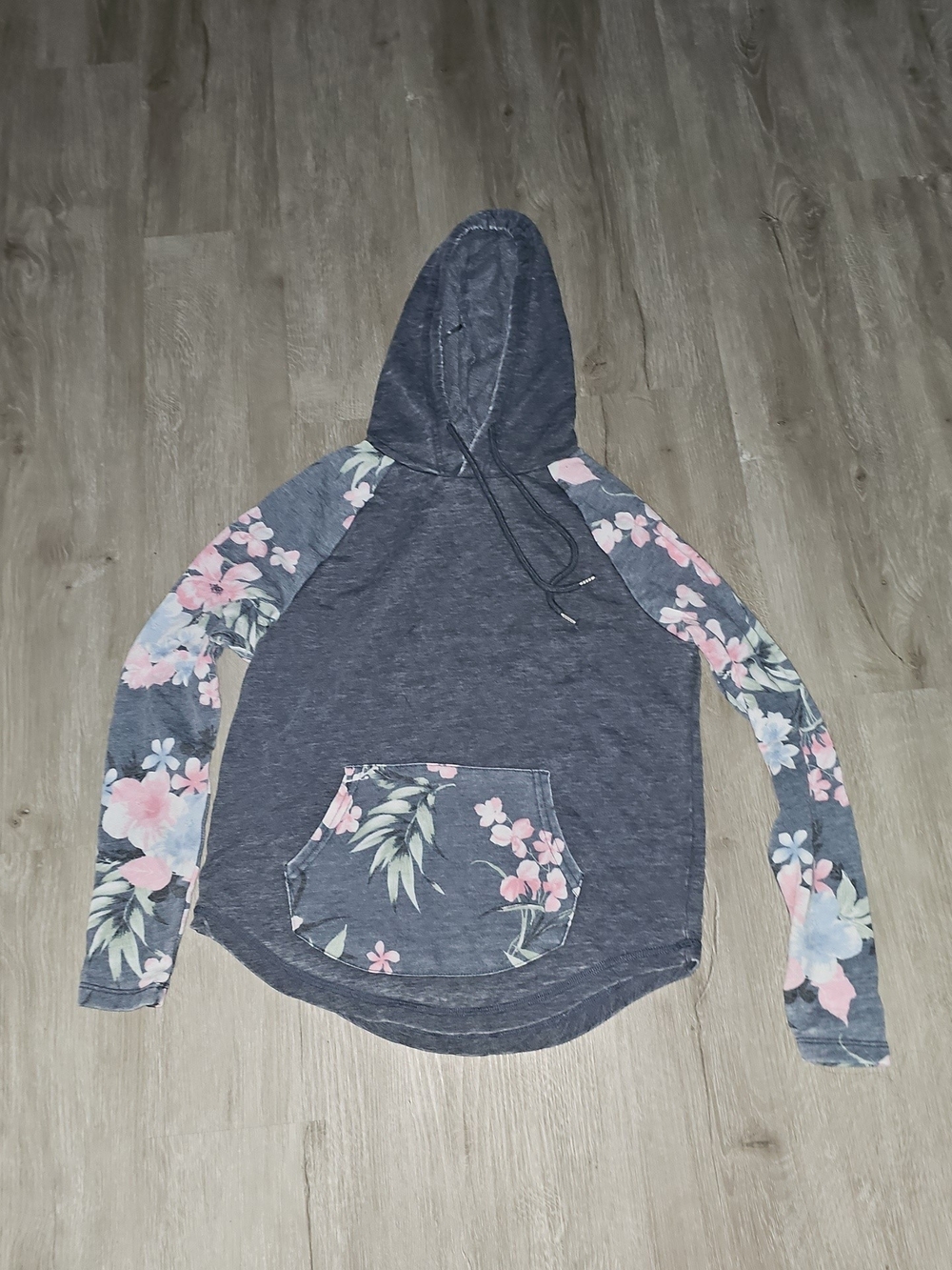 Derek Heart Charcoal Hoodie with Pink Floral Sleeves